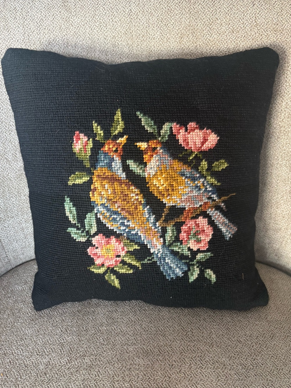 Handmade Black Needlepoint Accent Pillow with Yellow Songbirds